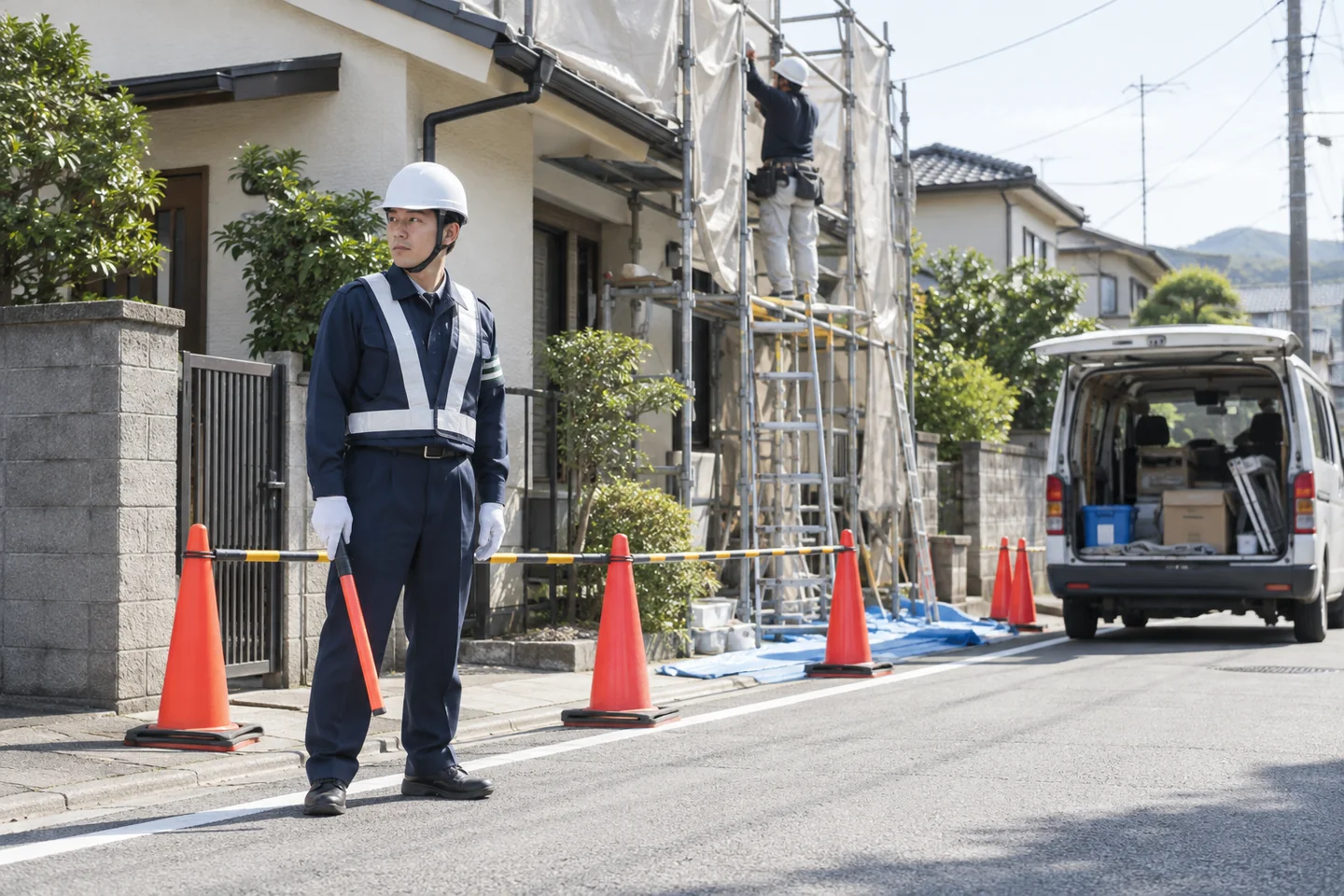 住宅街の小規模工事で車両を案内する警備のイメージ
