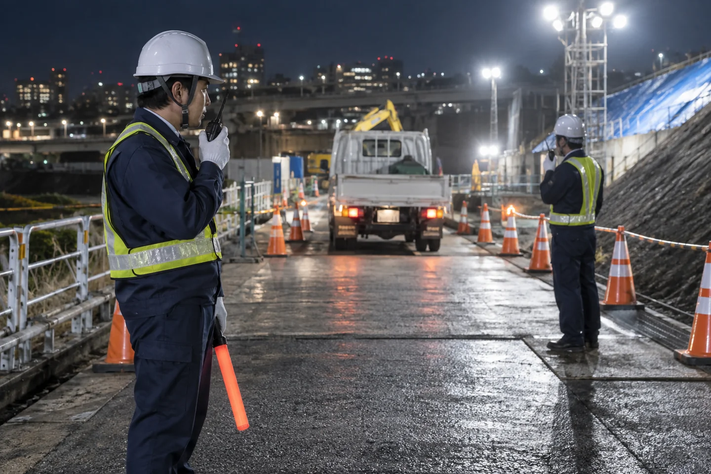 夜間の搬入路で無線連絡を行う警備スタッフのイメージ