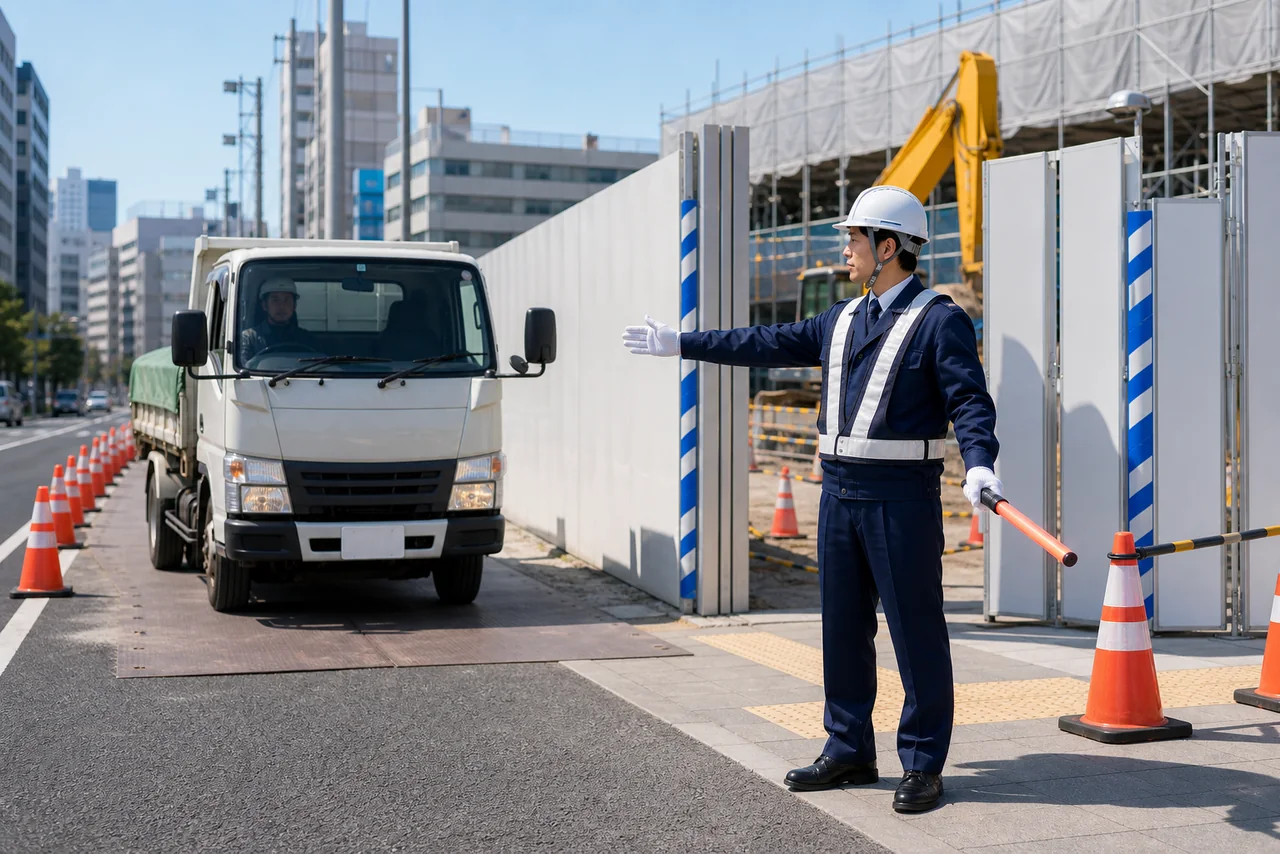 工事現場ゲートで車両を誘導する警備スタッフ