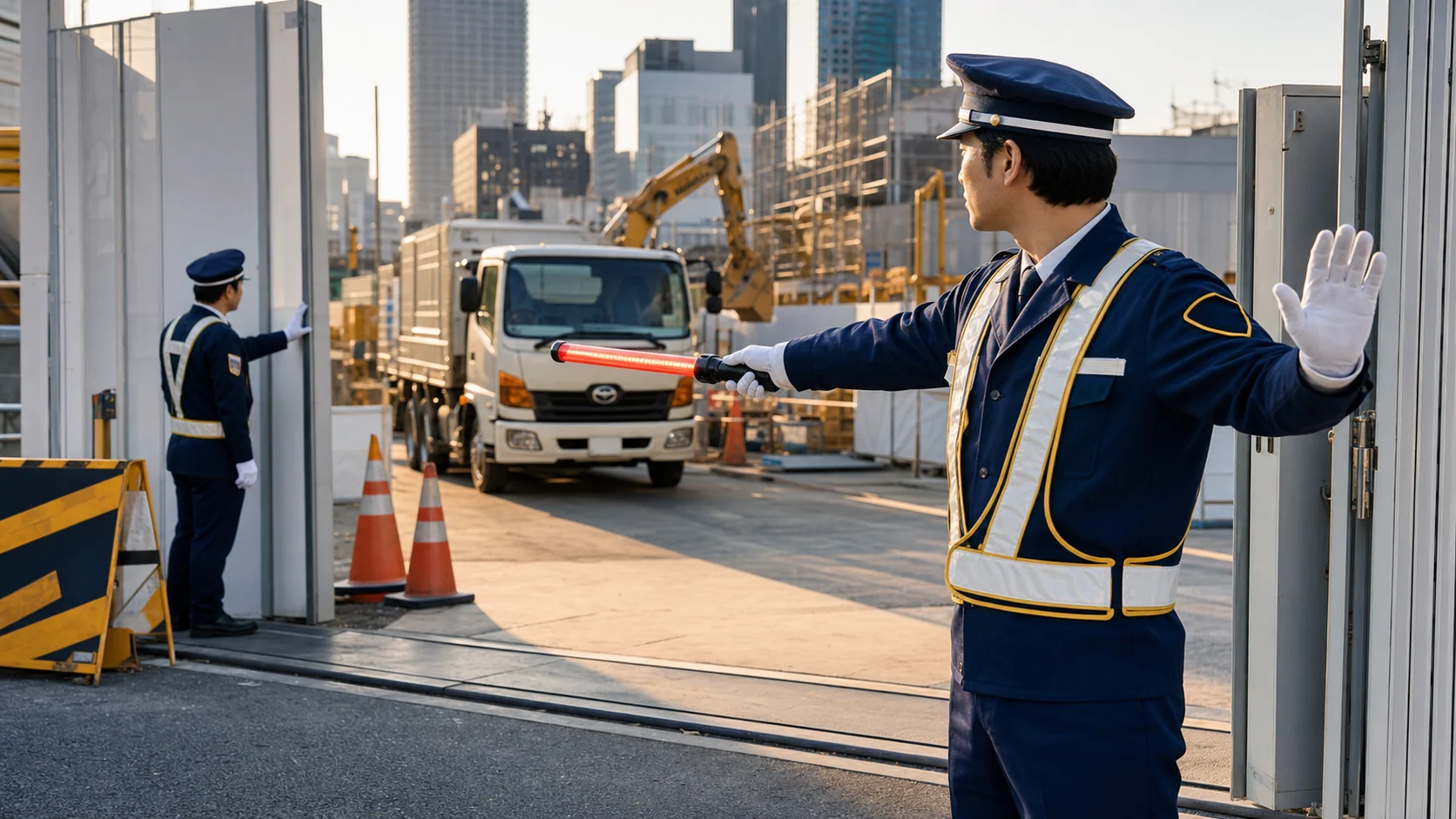 建設現場ゲートで搬入車両を誘導する警備スタッフ